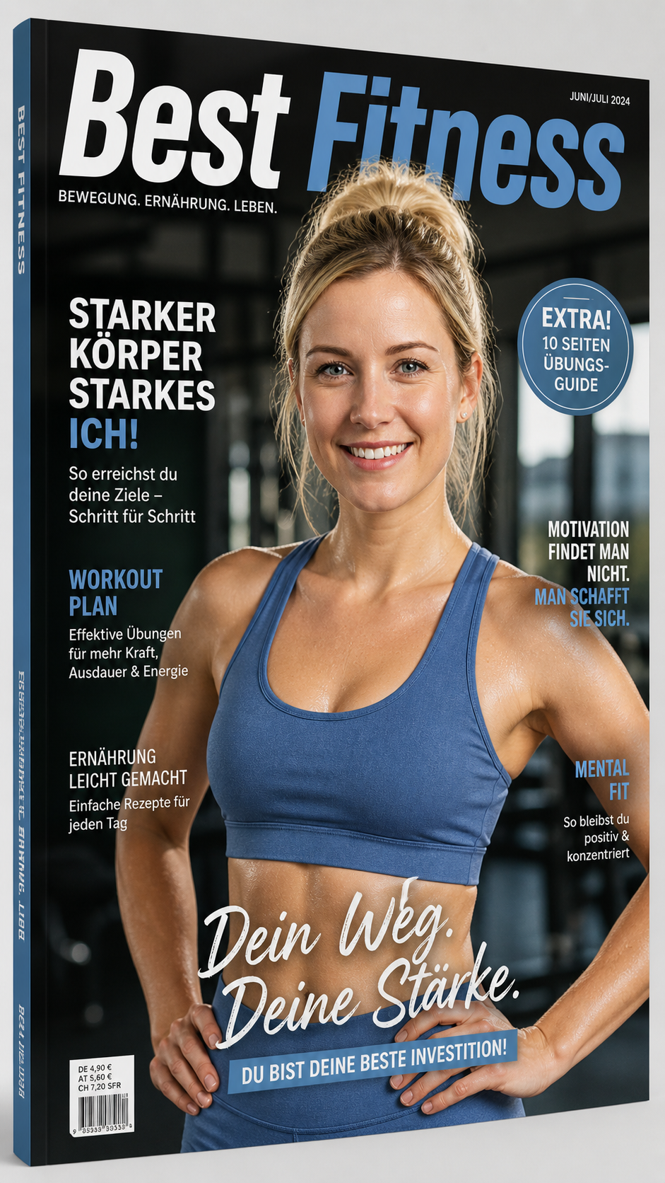 Werbefoto für Fitnesszeitschrift, KI-generiert, Fotomodell echt, 